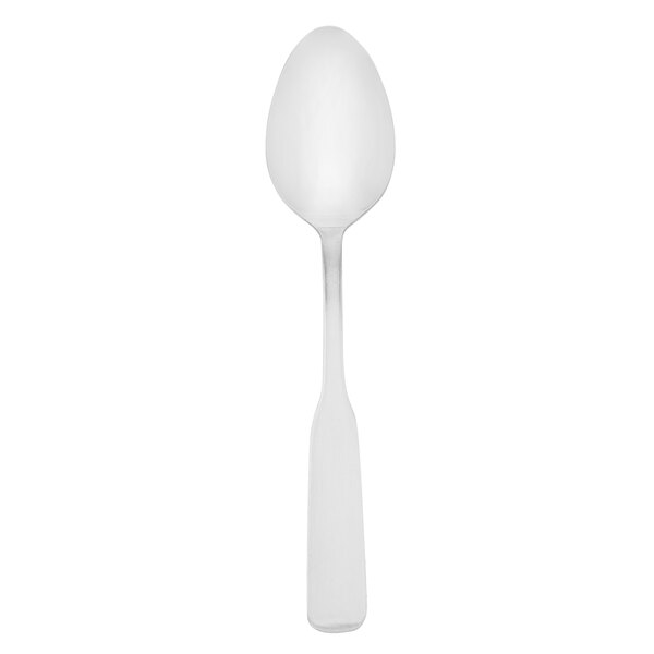 A Walco stainless steel dessert spoon with a white handle on a white background.