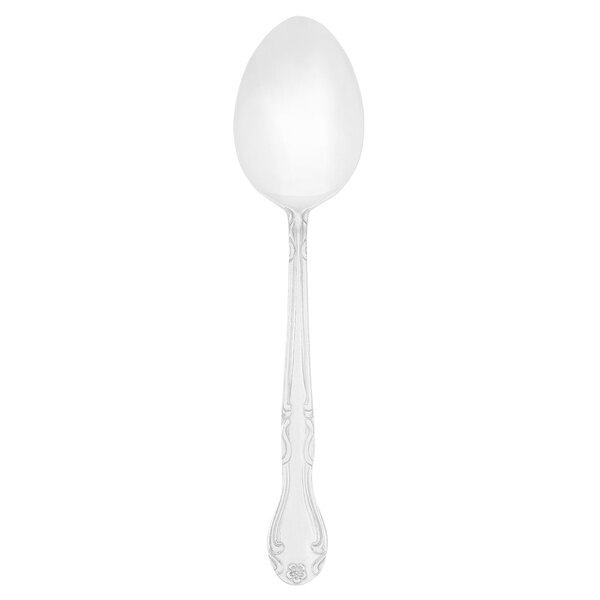 A medium weight stainless steel serving spoon with a black handle and silver spoon.