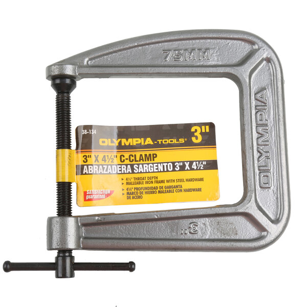 An Olympia Tools cast steel C-clamp with a yellow and black label attached.