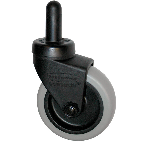 A black and white Rubbermaid WaveBrake replacement castor wheel with a white plastic wheel.