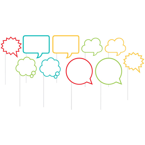 A group of colorful speech bubbles on a white background.