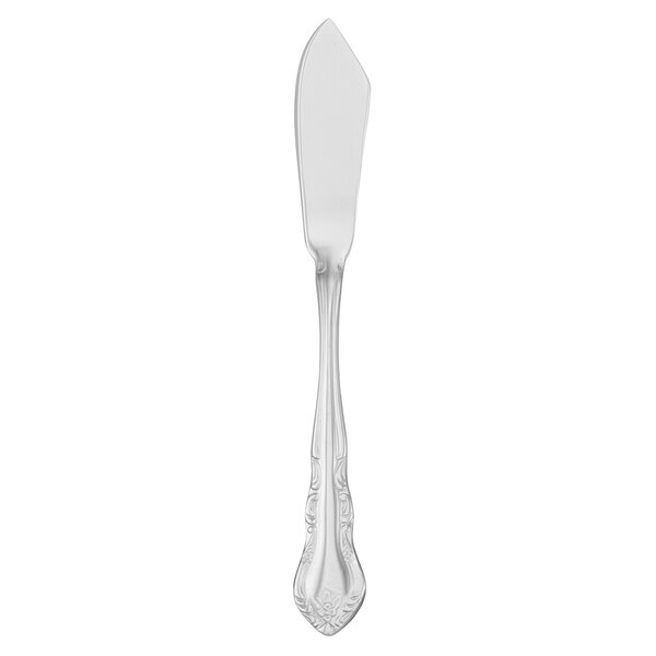 A silver Walco Discretion stainless steel butter spreader with a black handle.