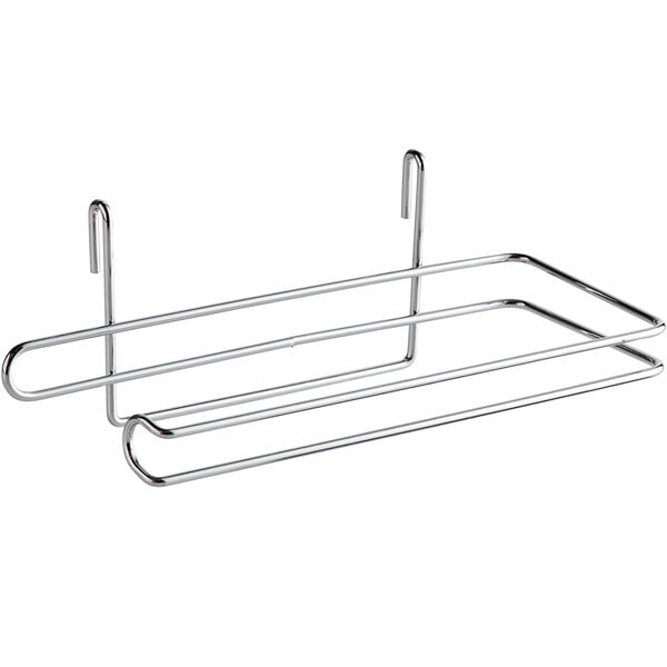 A chrome metal shelf-mount paper towel holder with two hooks.