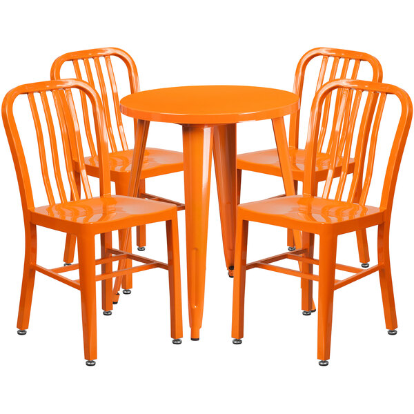An orange metal Flash Furniture table with 4 chairs with vertical slat backs.