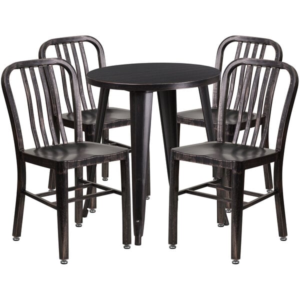 A black metal Flash Furniture table with four black metal chairs around it.