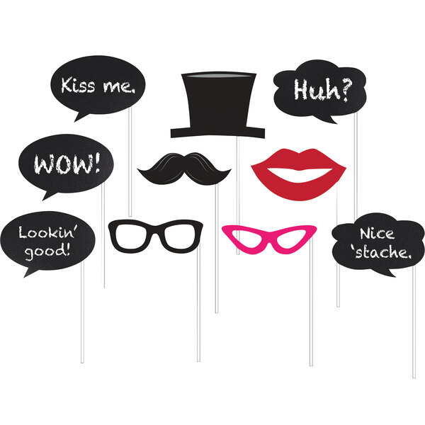 A group of Creative Converting Chalkboard photo booth props including a black top hat, mustache, and glasses.