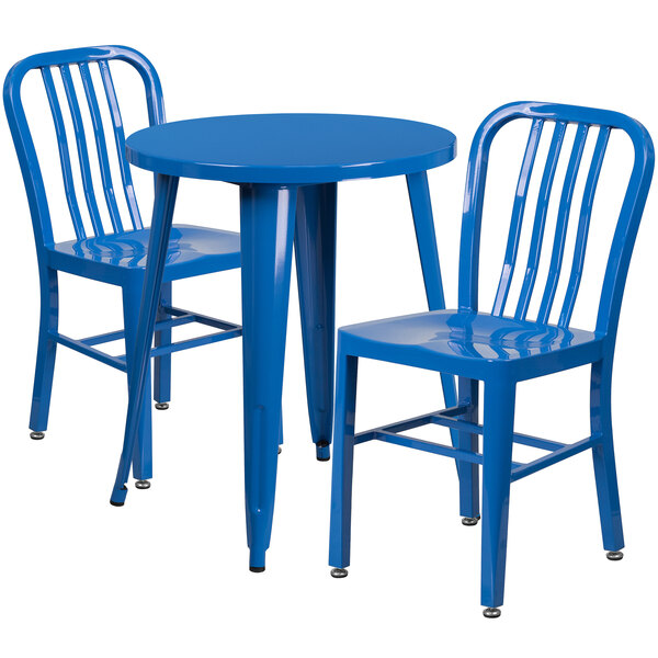 A blue table and two blue chairs.
