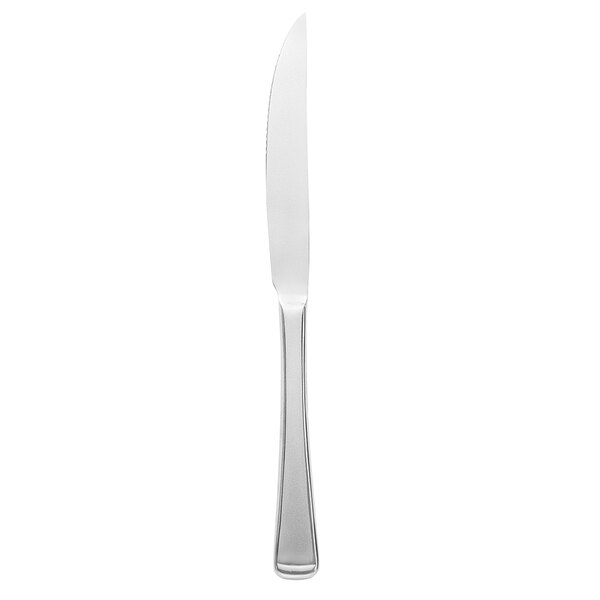 A silver knife with a black handle.
