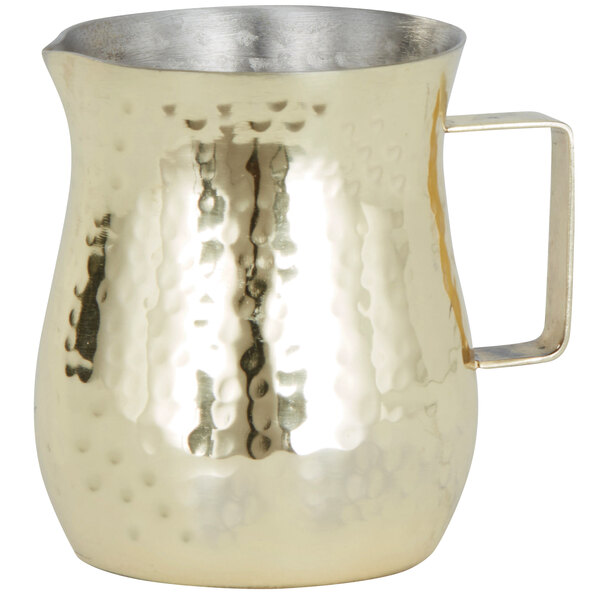 An American Metalcraft gold stainless steel bell creamer with a handle.