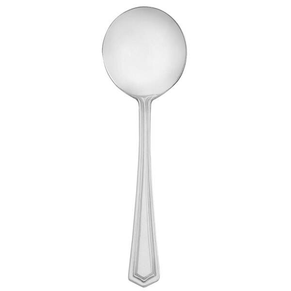 A Walco stainless steel bouillon spoon with a white handle and a silver spoon.