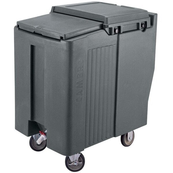 A tall grey Cambro mobile ice bin with wheels.