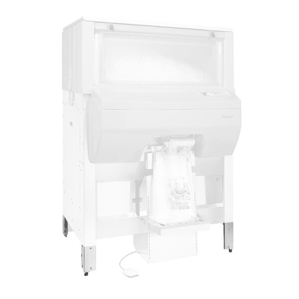 A white Follett ice bagging machine with a small door on it.