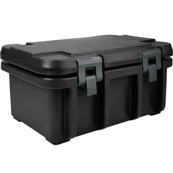 A black Cambro Ultra Pan Carrier with two handles.