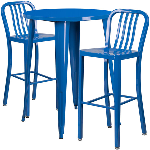 A blue table with two blue chairs.