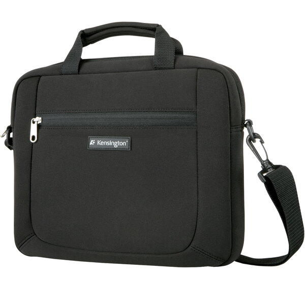 A black neoprene laptop sleeve with a zipper and a strap.