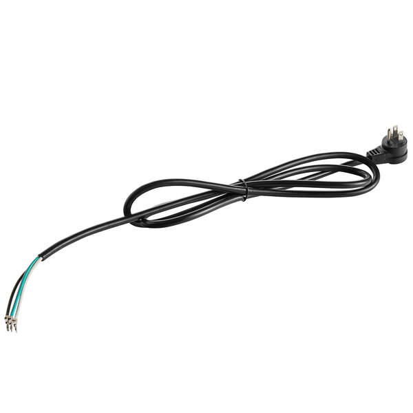 A black electrical cord with a white and blue wire.