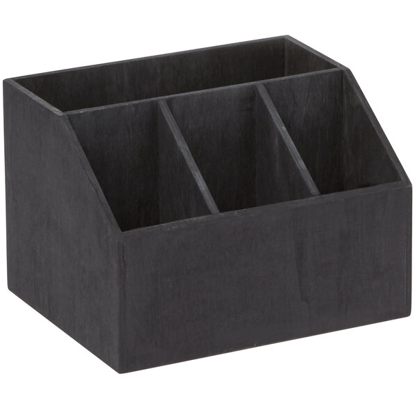 An American Metalcraft black poplar wood coffee caddy with three compartments.