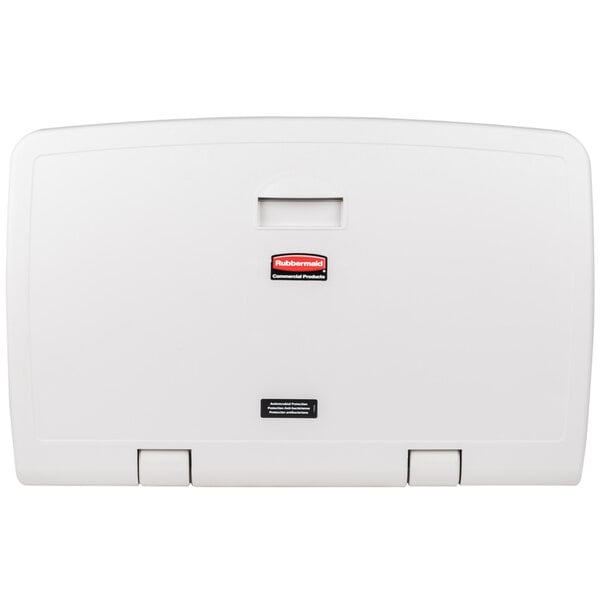 A white plastic Rubbermaid baby changing station with a black and red logo.