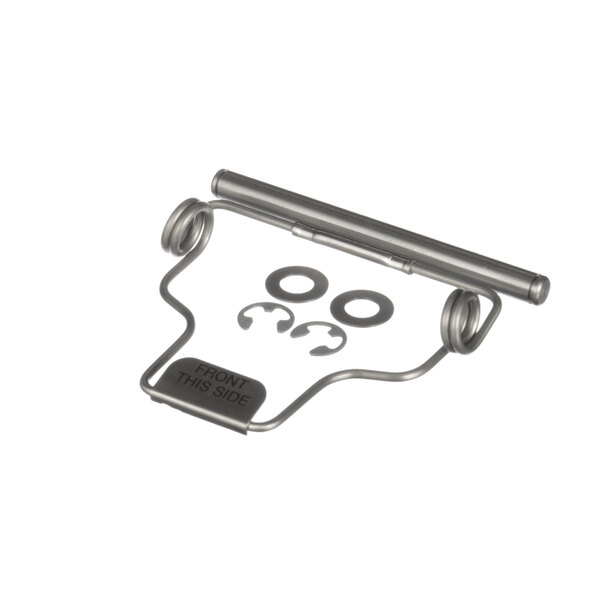 A metal bracket with two screws and a spring.
