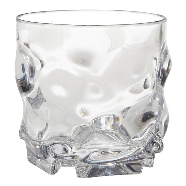 A clear plastic stackable rocks glass with a rough surface.