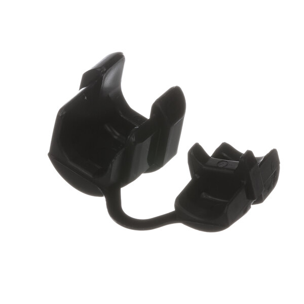 A close-up of a pair of black plastic Mannhart clips.