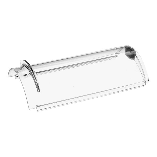 A clear plastic holder with curved edges and a metal handle for a Multiplex refrigerated beverage dispenser.