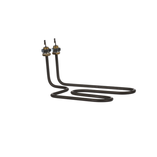 A black and gold metal Barker condensate heater with a cord and black wire with two wires and a heating element with a nut.