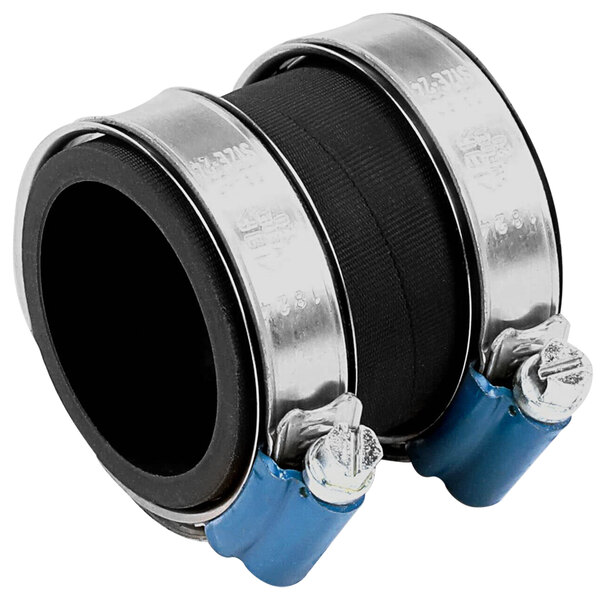 A pair of black and blue hose clamps on a metal ring.