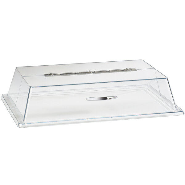 A clear plastic rectangular tray cover with a long hinge.