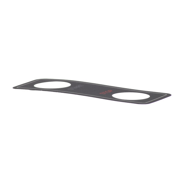 A black rectangular plastic plate with two circles and red text reading "Mix/Stop" on it.