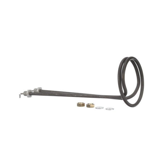 A black cable with metal parts connected to a metal hose.