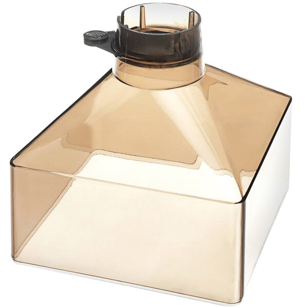 A clear square container with a black lid.