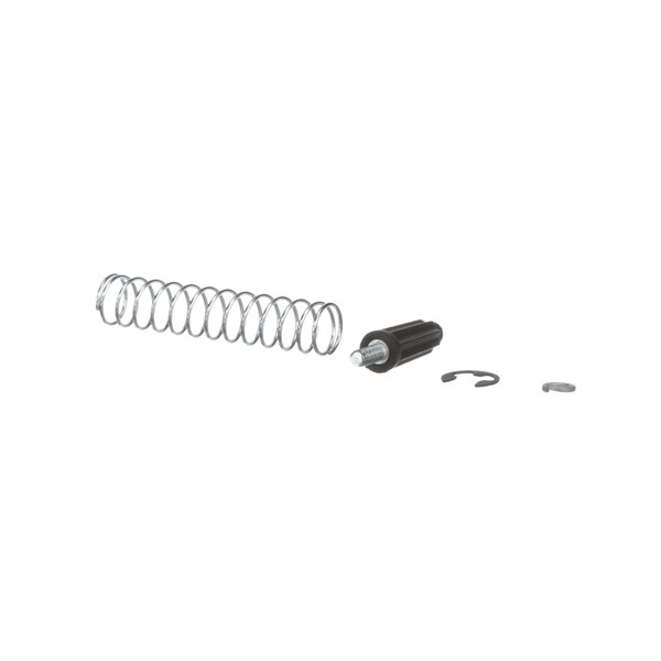 A metal spring with a black cap on a white background.