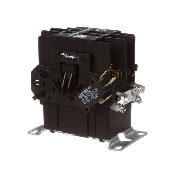 A black circuit breaker with metal parts inside a Hobart control box.