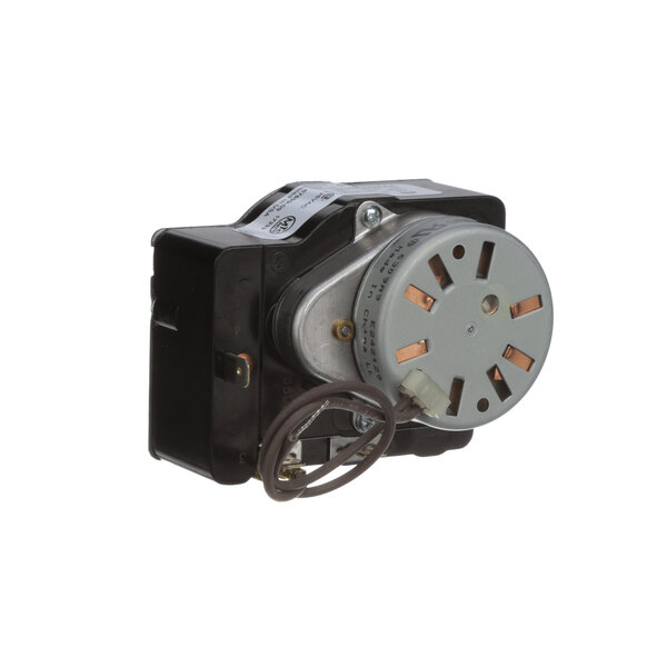 A small black electric motor with a round metal disc on the end.