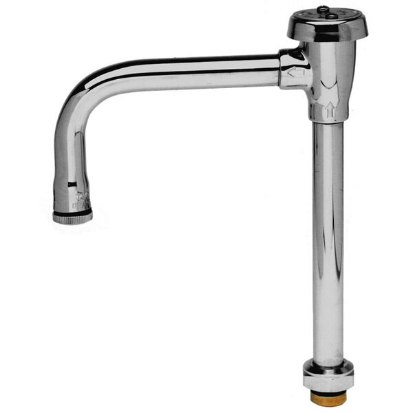 A silver faucet nozzle with a long gooseneck spout and a black swivel knob.