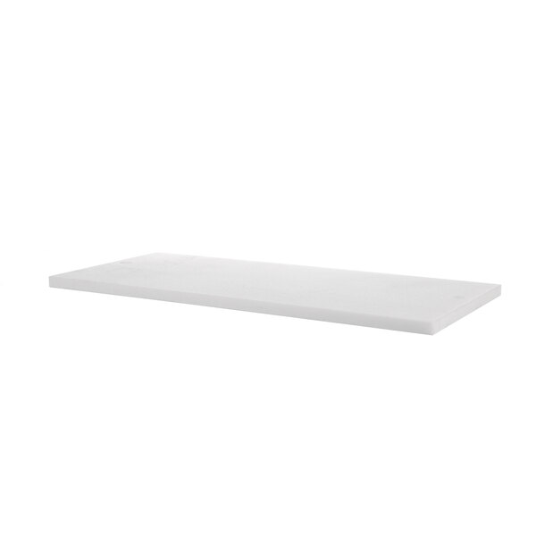 A white rectangular cutting board with a black handle.