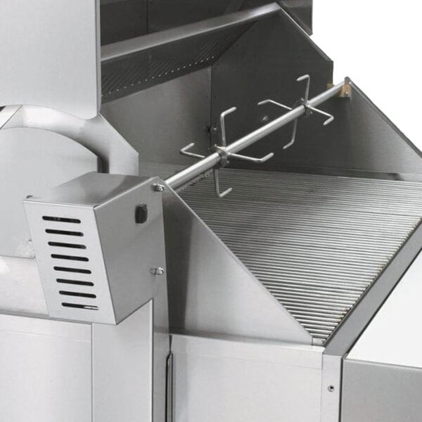 A stainless steel rotisserie assembly for a Crown Verity grill.