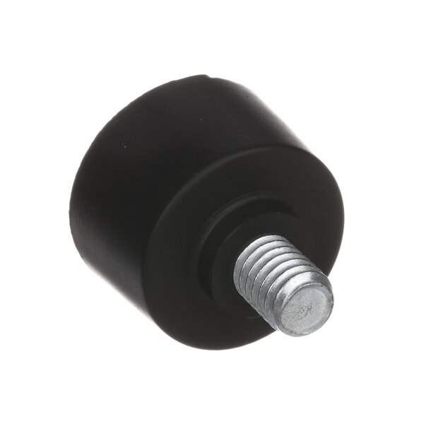 A black knob with a round metal bolt and silver screw on the end.