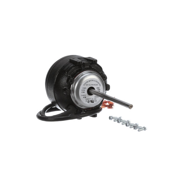 A Delfield 2168511 fan motor with a black and silver electric motor, a wire, and a screw.