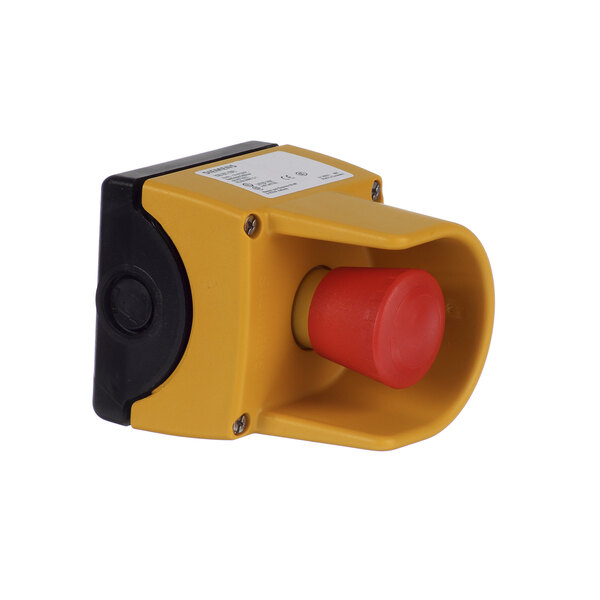 A yellow and black emergency stop switch with a red button.