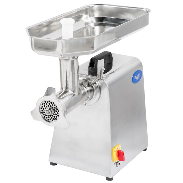 A Vollrath stainless steel meat grinder with a metal tray.