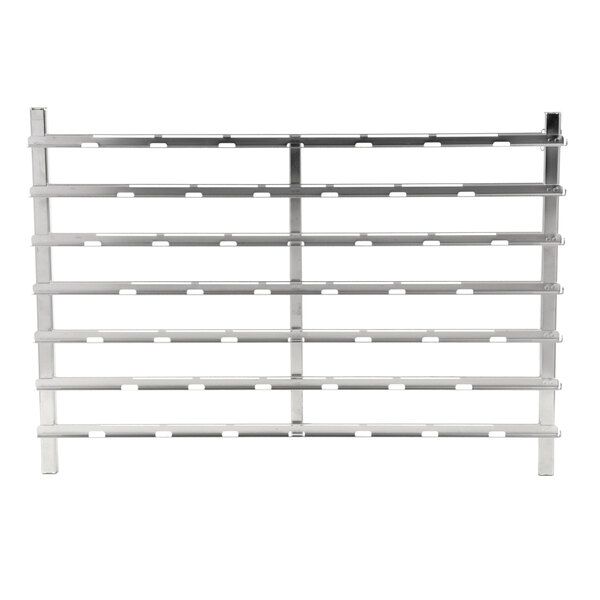 A metal Cleveland shelf rack with holes for 6.20 Gn pans.