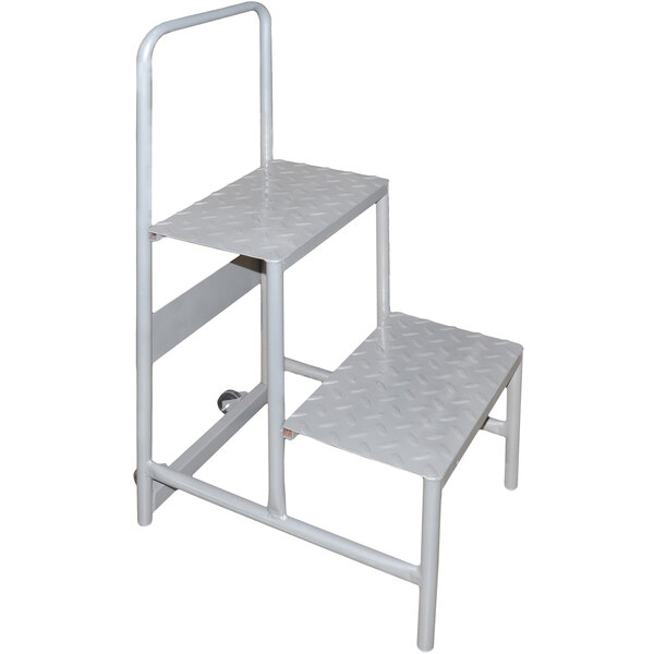 A white metal Omcan two-step ladder with a bar.