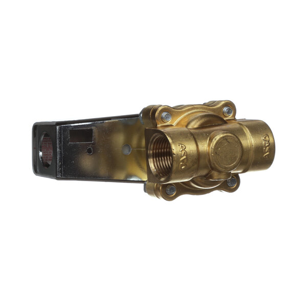 A close-up of a Hobart brass solenoid valve with a gold colored metal piece.