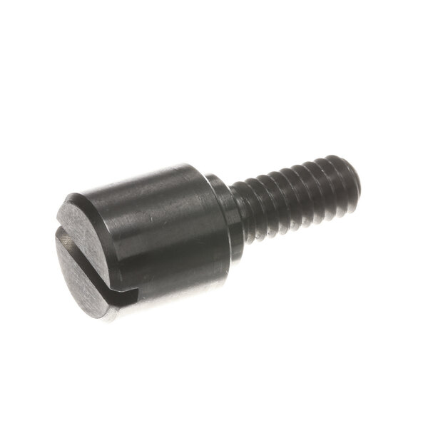 A close-up of a black screw with a small head and a black plastic cap.