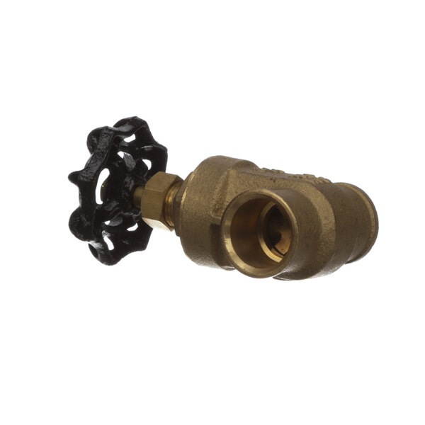 A brass Imperial water valve with a black handle.