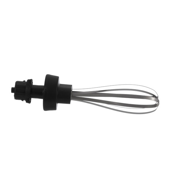 A black and white plastic whisk with a metal cap.