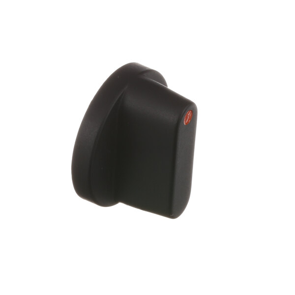 A black plastic Cutler Industries knob with a red button.