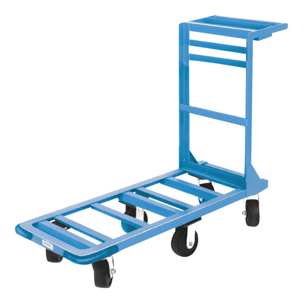 A blue Winholt utility cart with black rubber wheels.